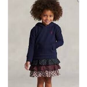 NEW Polo Ralph Lauren Navy Fleece Hoodie Dress Plaid Ruffle Skirt Girls Size 5